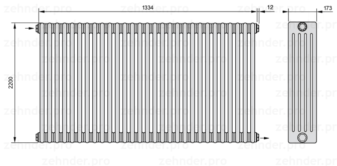 Схема (чертеж) Радиатор Zehnder Charleston 5220/29 №1670 Белый глянцевый RAL 9016